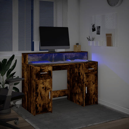 Smoked Oak Desk with LED Lights - 120x55x91 cm Engineered Wood