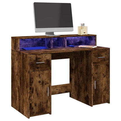 Smoked Oak Desk with LED Lights - 120x55x91 cm Engineered Wood