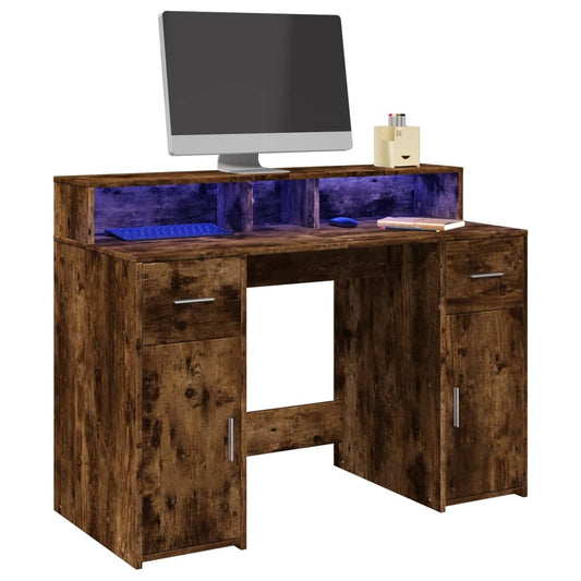 Smoked Oak Desk with LED Lights - 120x55x91 cm Engineered Wood