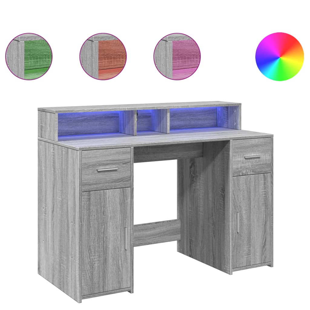Grey Sonoma Desk 120x55x91 cm with LED Lights - Engineered Wood