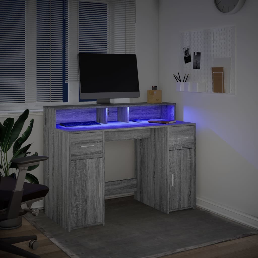 Grey Sonoma Desk 120x55x91 cm with LED Lights - Engineered Wood