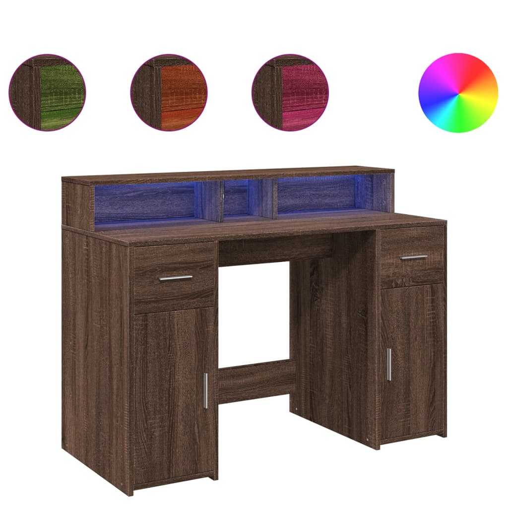 Brown Oak Desk with LED Lights, 120x55x91 cm, Engineered Wood