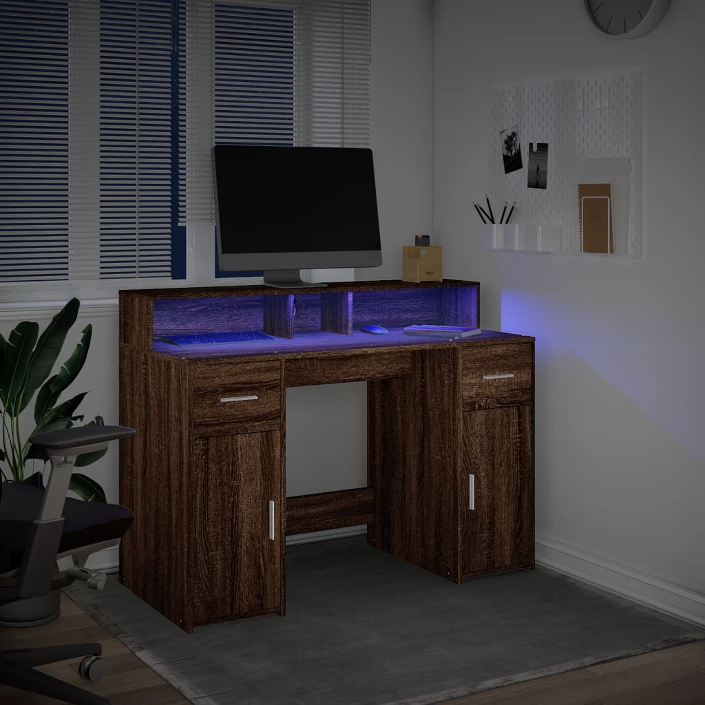 Brown Oak Desk with LED Lights, 120x55x91 cm, Engineered Wood