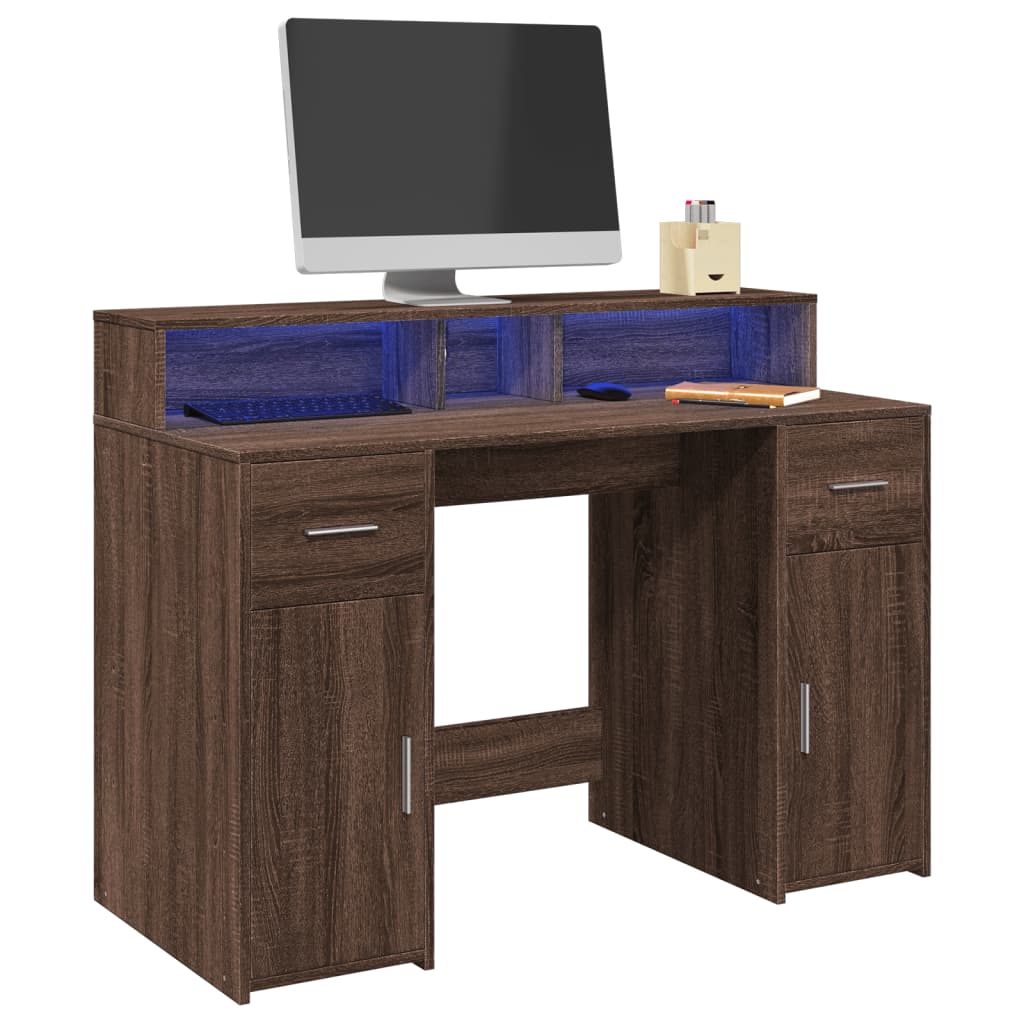Brown Oak Desk with LED Lights, 120x55x91 cm, Engineered Wood