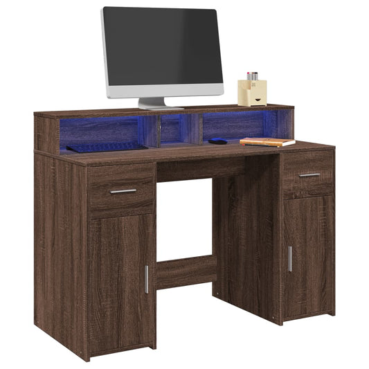 Brown Oak Desk with LED Lights, 120x55x91 cm, Engineered Wood