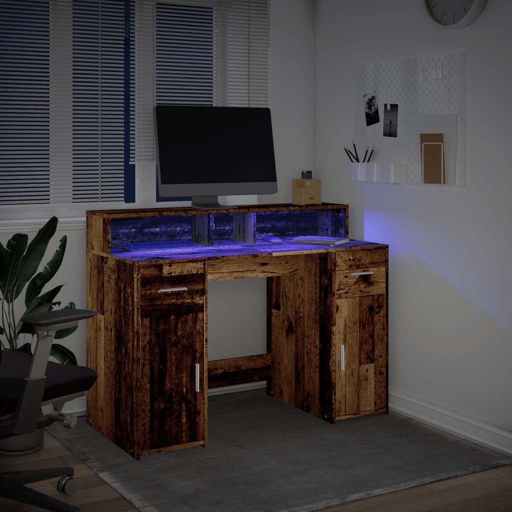 Vintage Engineered Wood Desk with LED Lights, 120x55x91 cm
