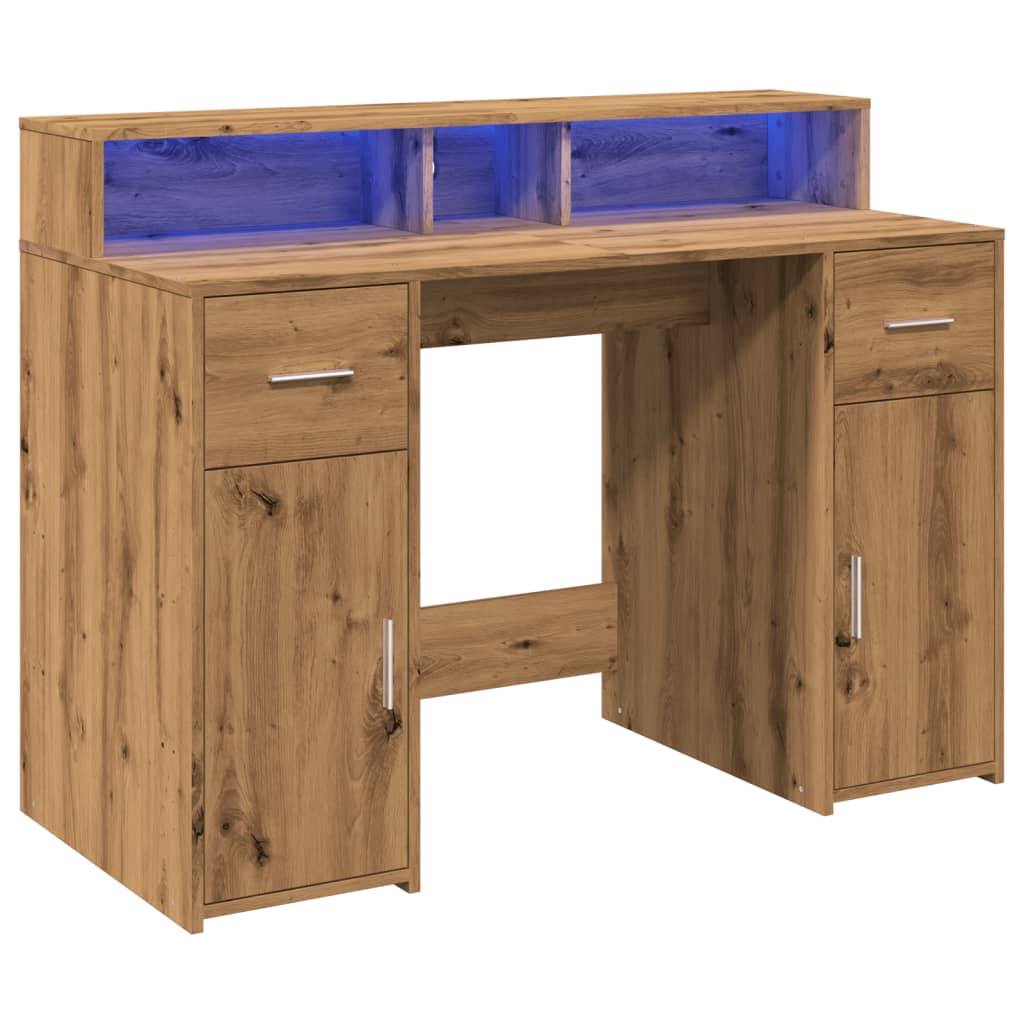 Artisian Oak Desk 120x55x91 cm with LED Lights | Engineered Wood