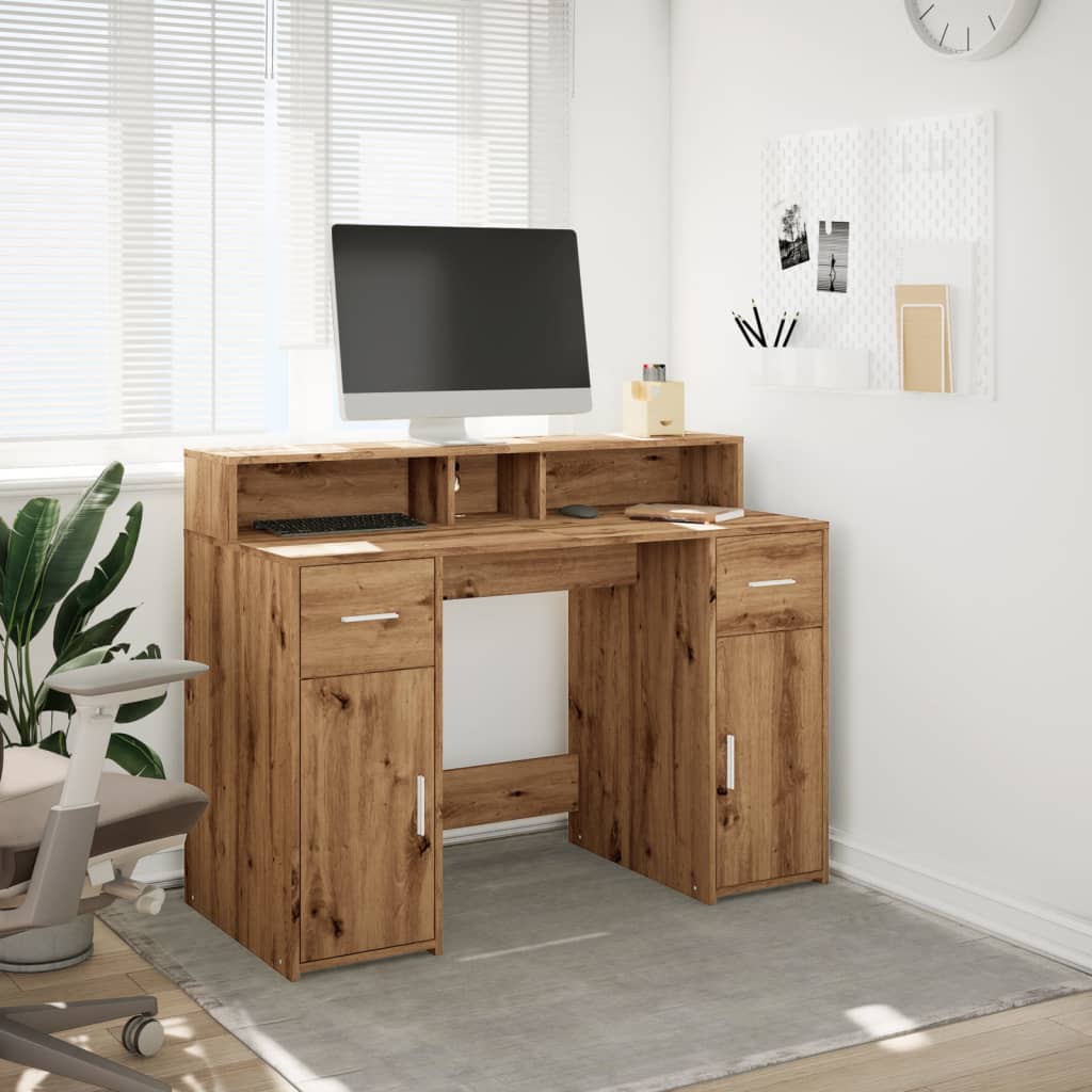 Artisian Oak Desk 120x55x91 cm with LED Lights | Engineered Wood