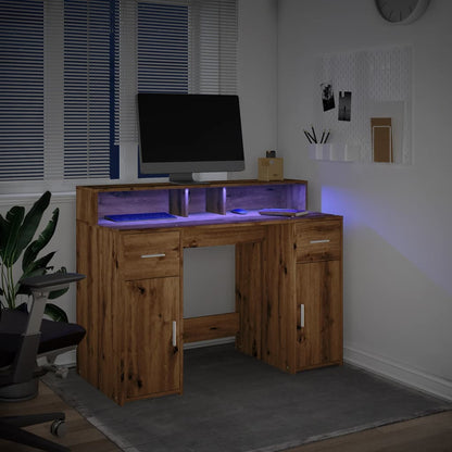 Artisian Oak Desk 120x55x91 cm with LED Lights | Engineered Wood