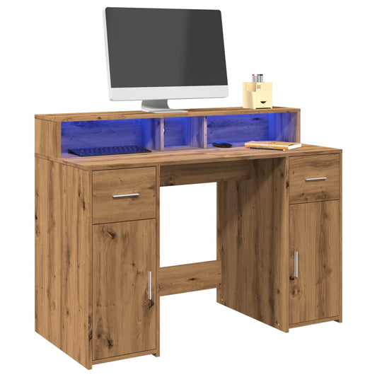 Artisian Oak Desk 120x55x91 cm with LED Lights | Engineered Wood