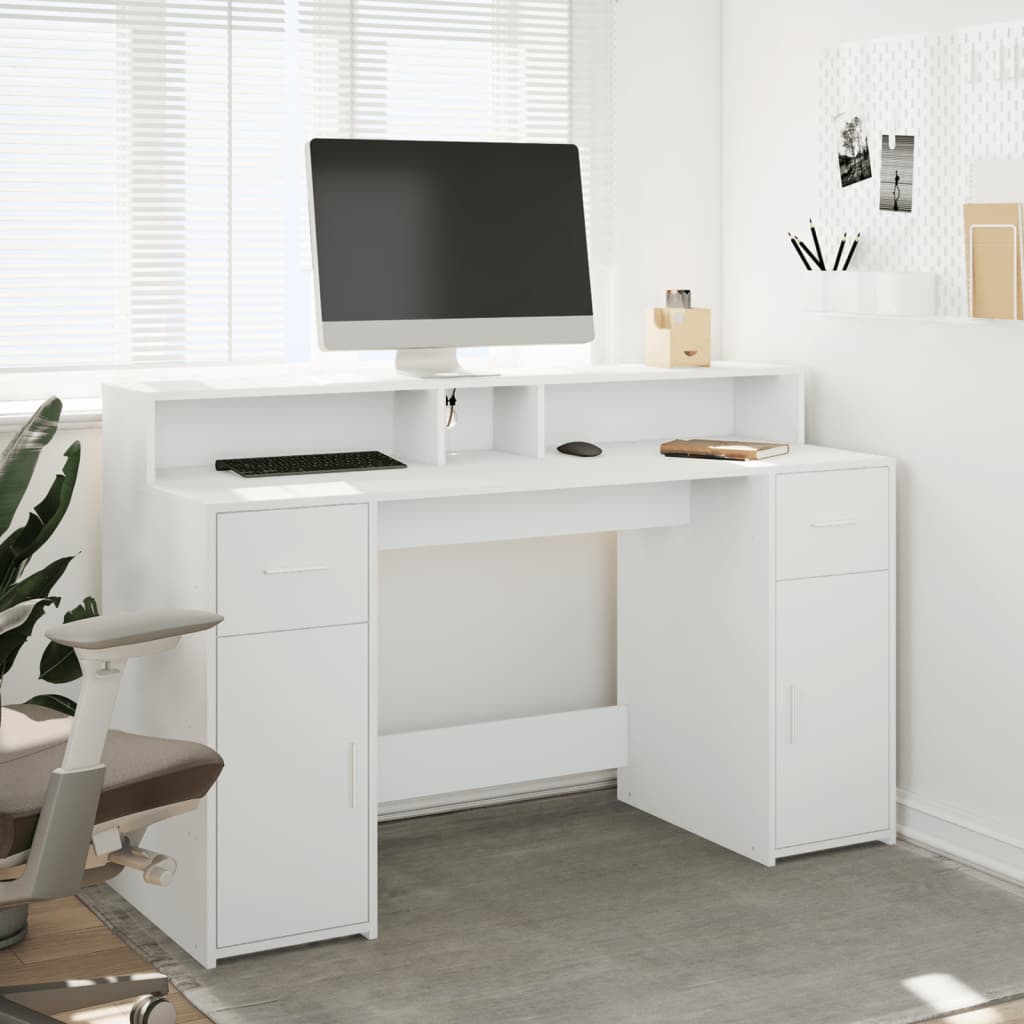 White Engineered Wood Desk with LED Lights, 140x55x91 cm