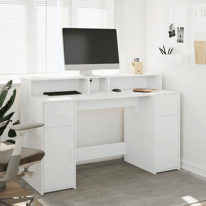 White Engineered Wood Desk with LED Lights, 140x55x91 cm