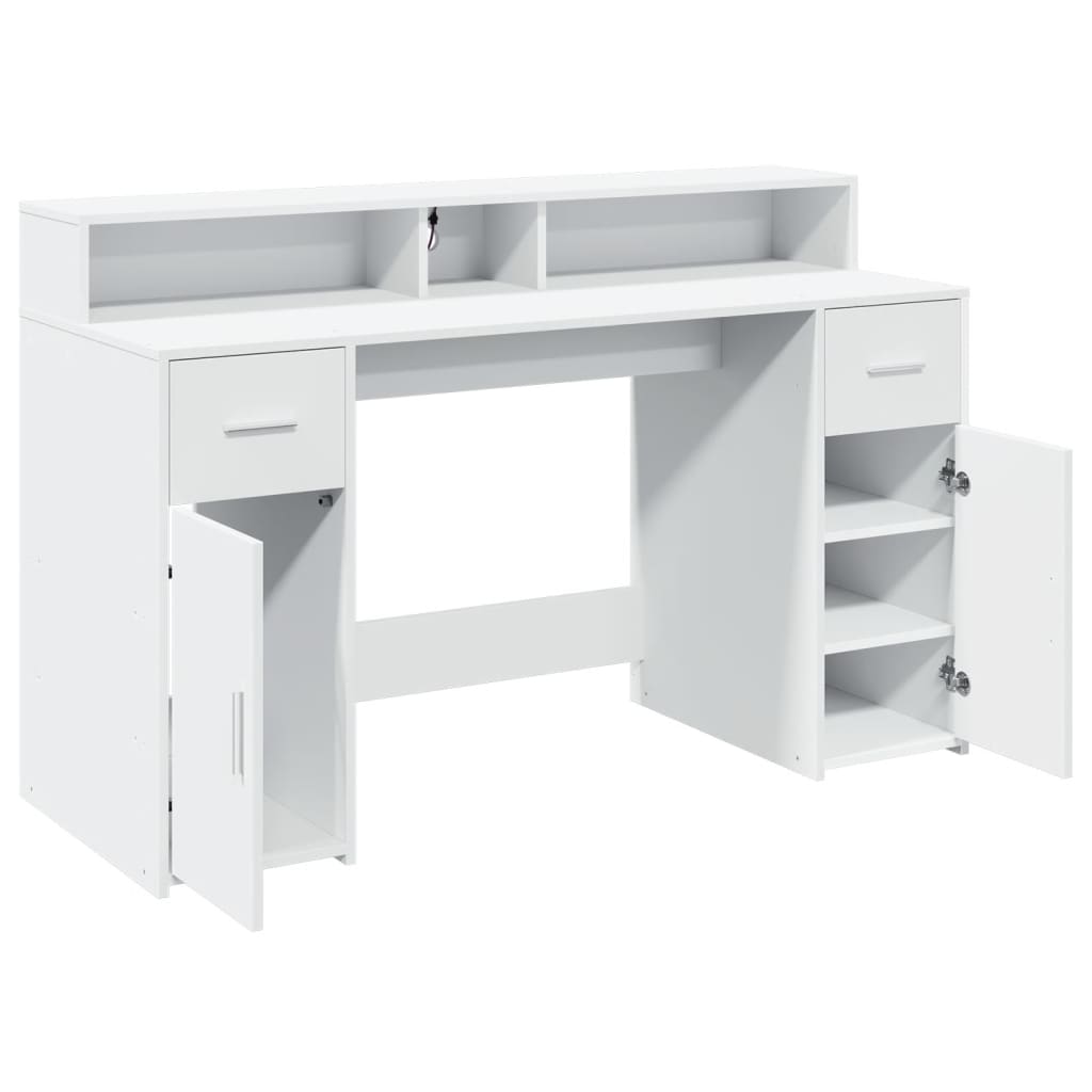 White Engineered Wood Desk with LED Lights, 140x55x91 cm