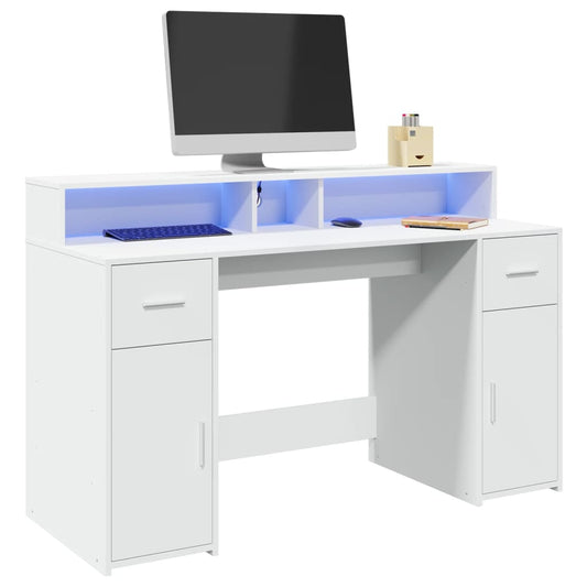 White Engineered Wood Desk with LED Lights, 140x55x91 cm