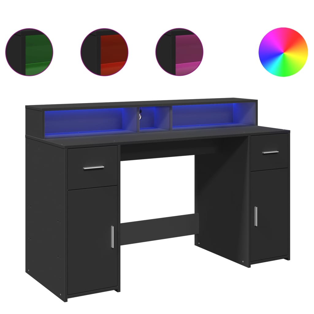 Black Engineered Wood Desk with LED Lights, 140x55x91 cm