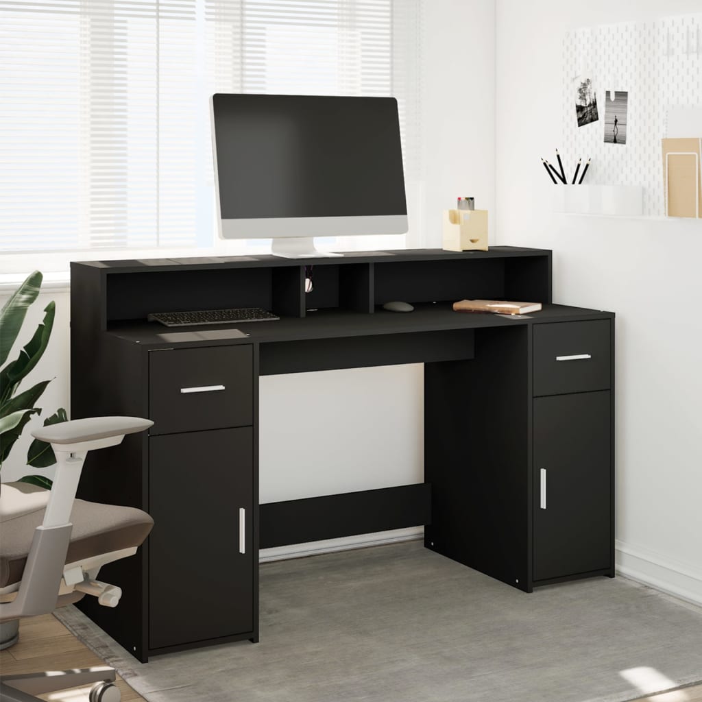 Black Engineered Wood Desk with LED Lights, 140x55x91 cm