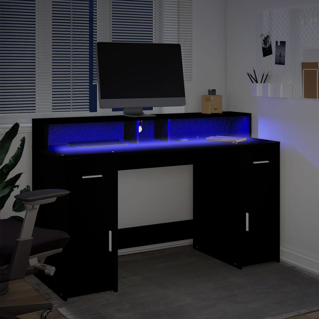Black Engineered Wood Desk with LED Lights, 140x55x91 cm
