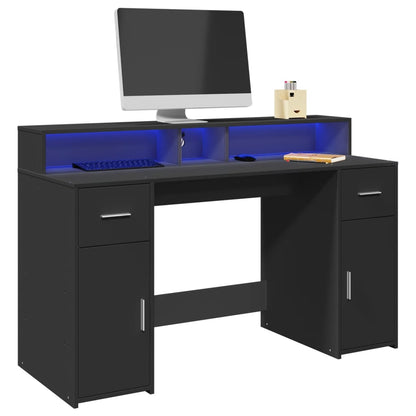 Black Engineered Wood Desk with LED Lights, 140x55x91 cm