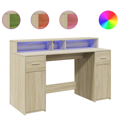 Sonoma Oak Desk 140x55x91cm with LED Lights - Engineered Wood