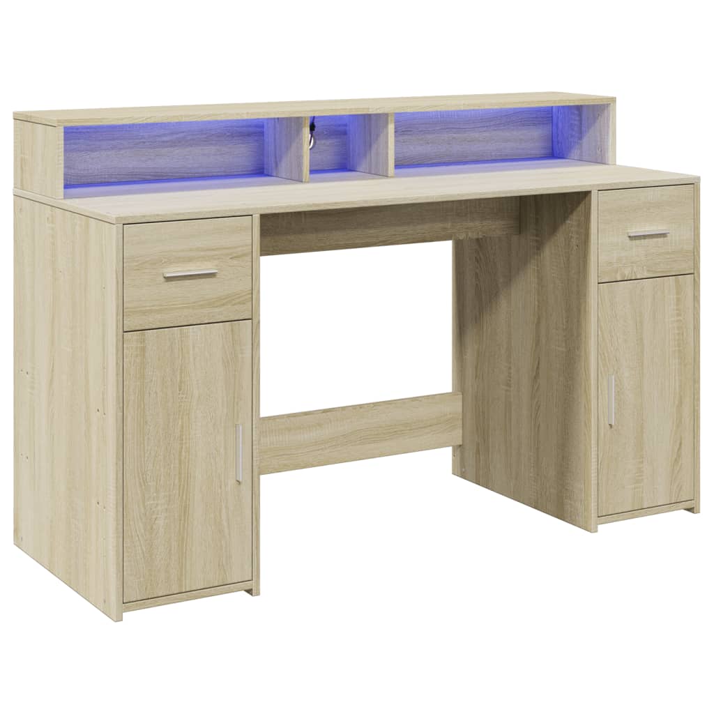 Sonoma Oak Desk 140x55x91cm with LED Lights - Engineered Wood