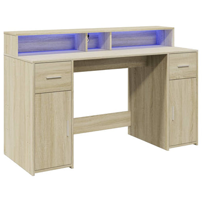 Sonoma Oak Desk 140x55x91cm with LED Lights - Engineered Wood