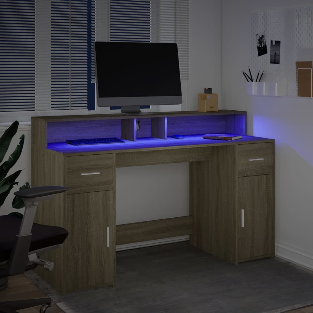 Sonoma Oak Desk 140x55x91cm with LED Lights - Engineered Wood