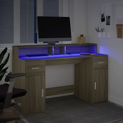 Sonoma Oak Desk 140x55x91cm with LED Lights - Engineered Wood