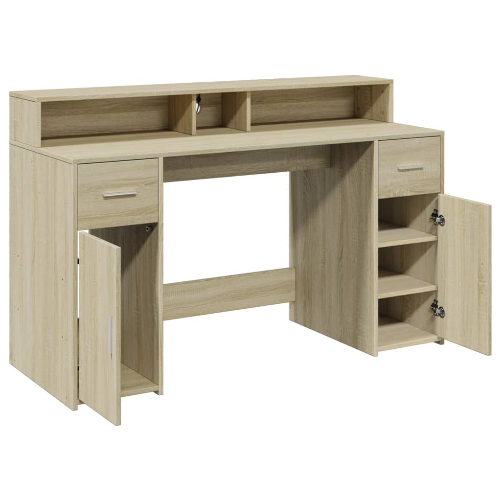 Sonoma Oak Desk 140x55x91cm with LED Lights - Engineered Wood
