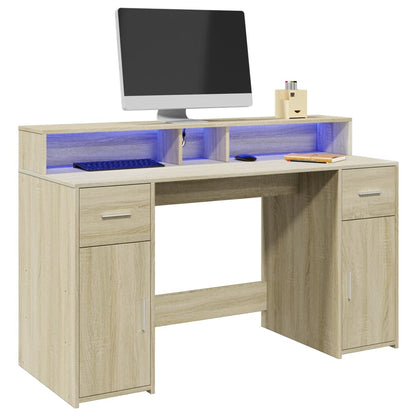 Sonoma Oak Desk 140x55x91cm with LED Lights - Engineered Wood