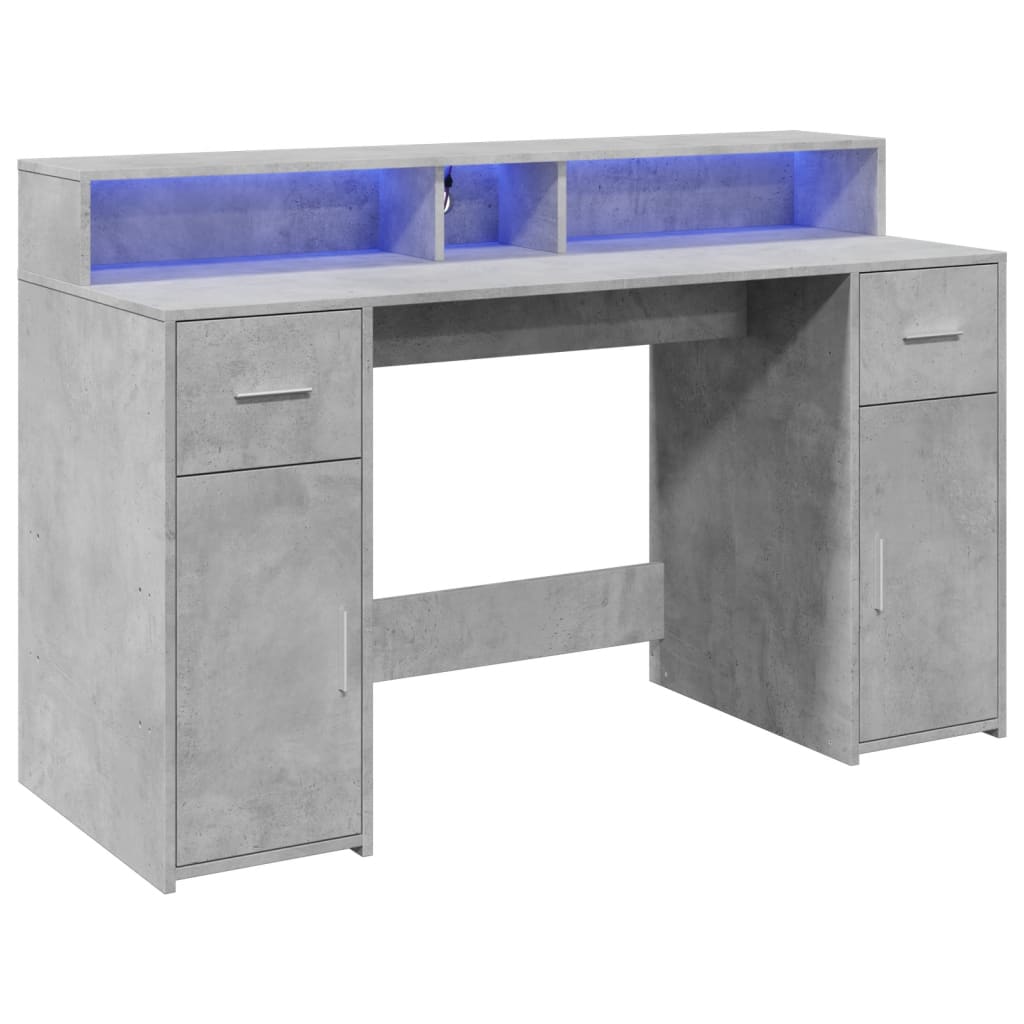 Concrete Grey Desk with LED Lights, Engineered Wood, 140x55x91 cm