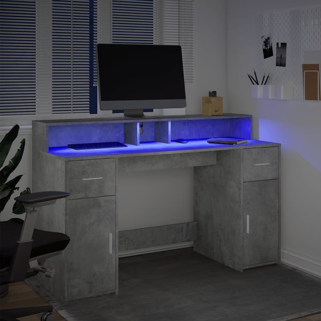 Concrete Grey Desk with LED Lights, Engineered Wood, 140x55x91 cm