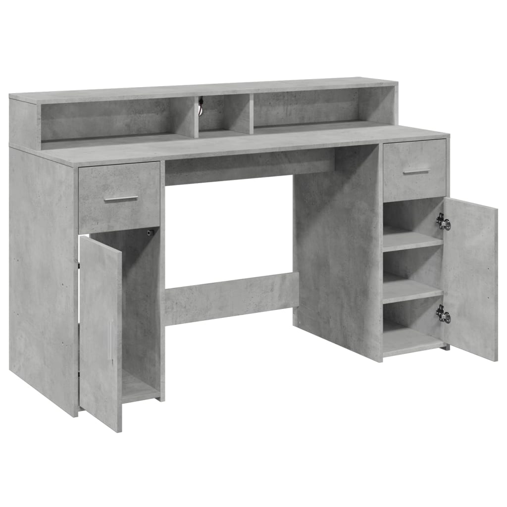 Concrete Grey Desk with LED Lights, Engineered Wood, 140x55x91 cm