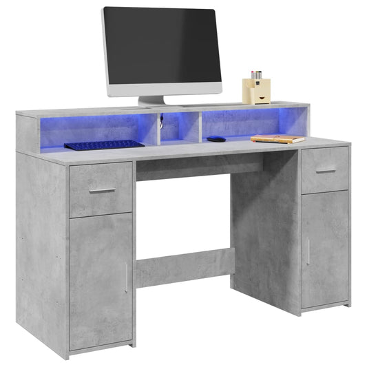 Concrete Grey Desk with LED Lights, Engineered Wood, 140x55x91 cm