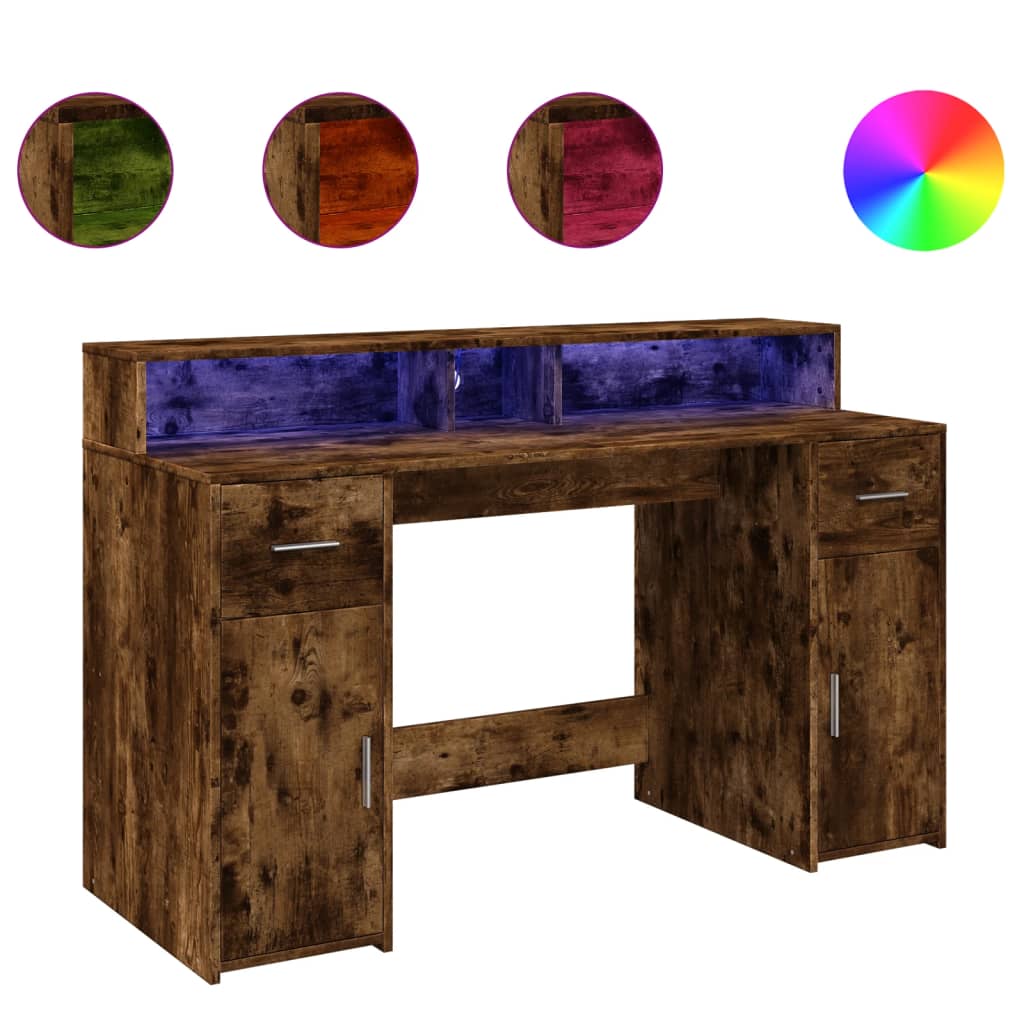 Smoked Oak Desk with LED Lights - 140x55x91 cm Engineered Wood