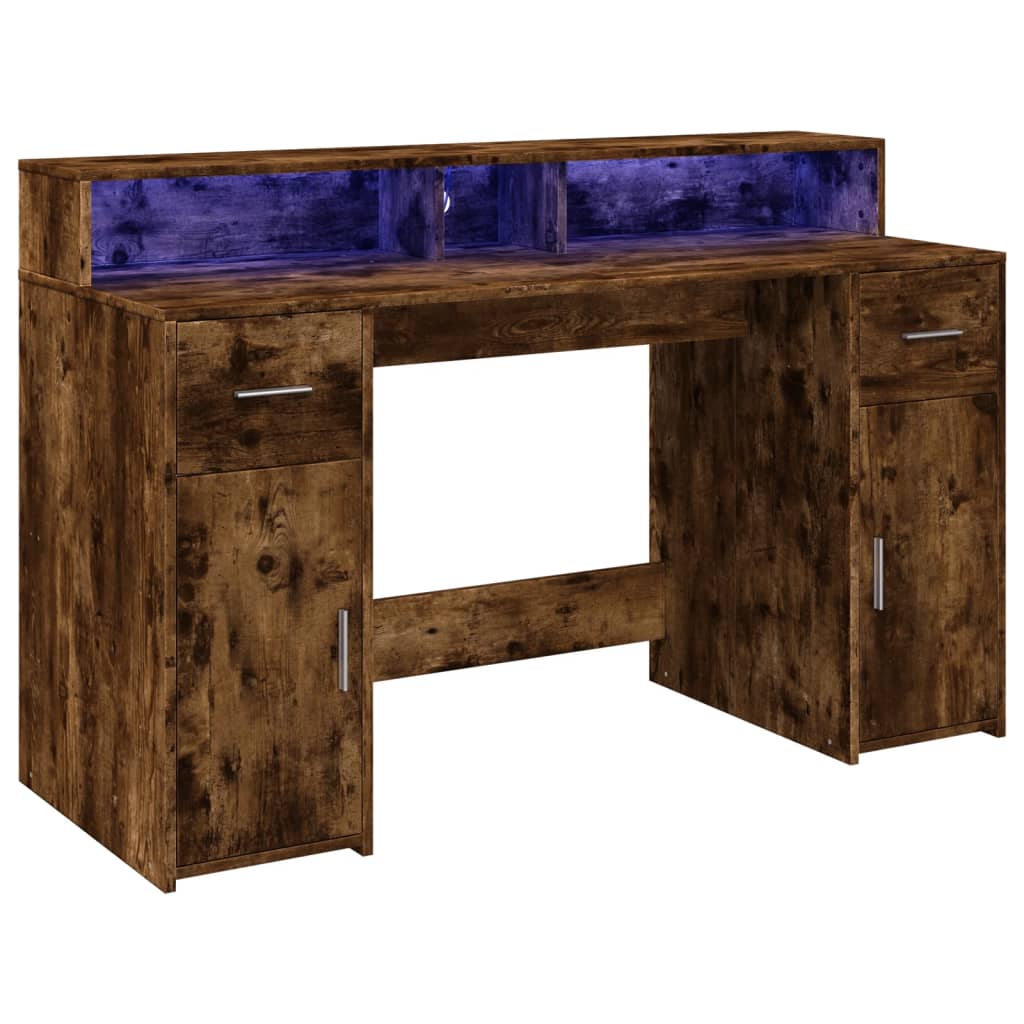 Smoked Oak Desk with LED Lights - 140x55x91 cm Engineered Wood