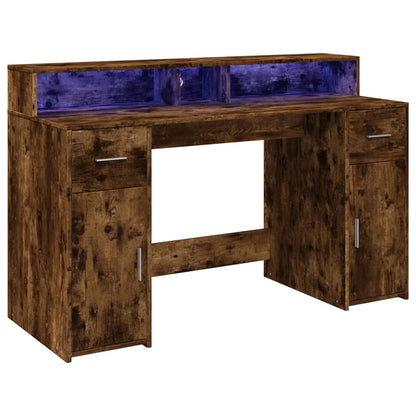 Smoked Oak Desk with LED Lights - 140x55x91 cm Engineered Wood