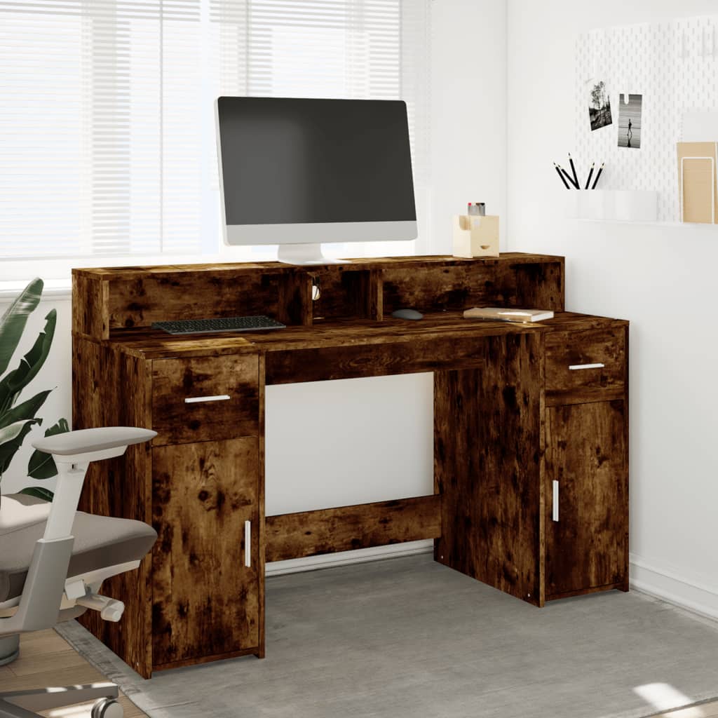 Smoked Oak Desk with LED Lights - 140x55x91 cm Engineered Wood