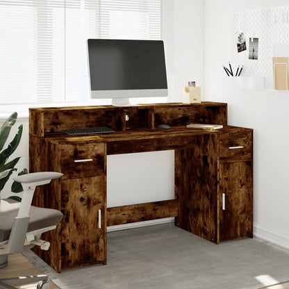 Smoked Oak Desk with LED Lights - 140x55x91 cm Engineered Wood