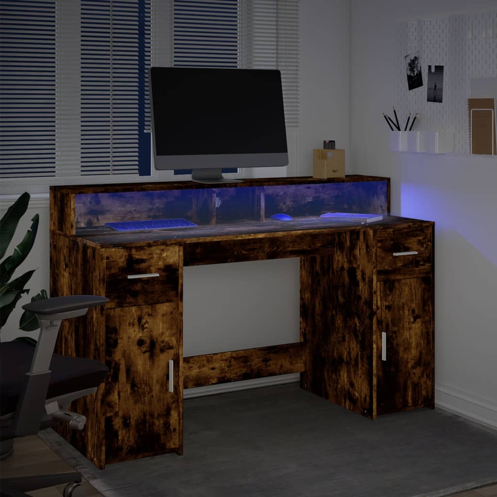 Smoked Oak Desk with LED Lights - 140x55x91 cm Engineered Wood