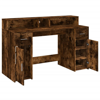 Smoked Oak Desk with LED Lights - 140x55x91 cm Engineered Wood