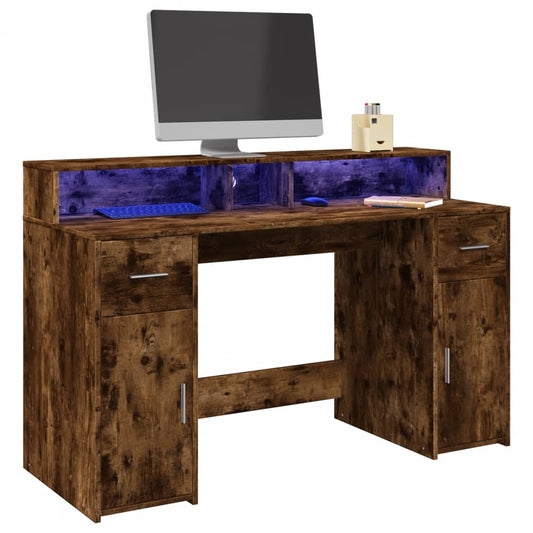 Smoked Oak Desk with LED Lights - 140x55x91 cm Engineered Wood