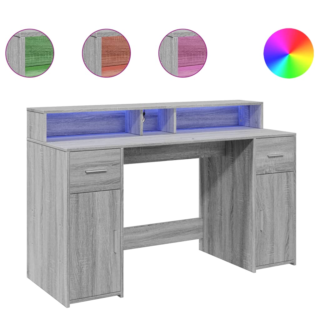 Grey Sonoma Desk 140x55x91 cm with LED Lights, Engineered Wood