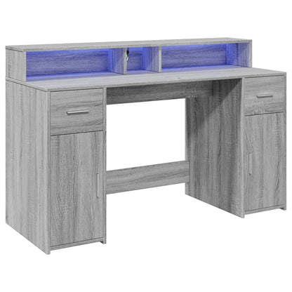 Grey Sonoma Desk 140x55x91 cm with LED Lights, Engineered Wood