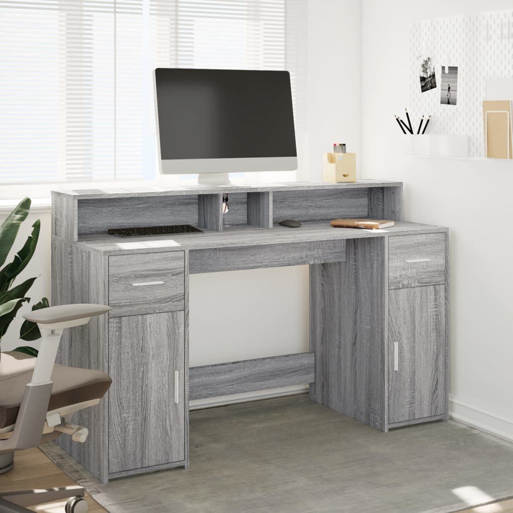 Grey Sonoma Desk 140x55x91 cm with LED Lights, Engineered Wood
