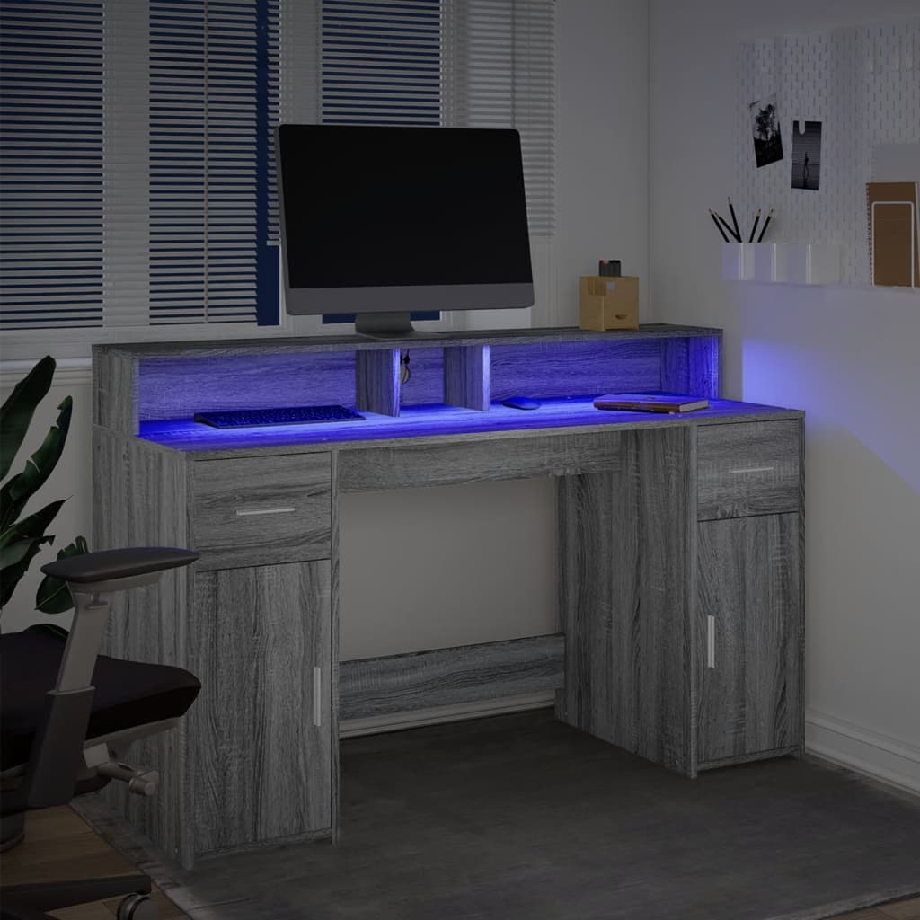 Grey Sonoma Desk 140x55x91 cm with LED Lights, Engineered Wood