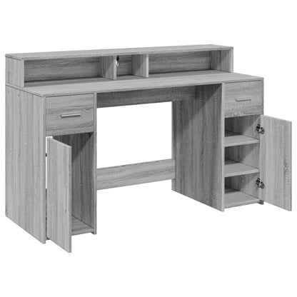 Grey Sonoma Desk 140x55x91 cm with LED Lights, Engineered Wood