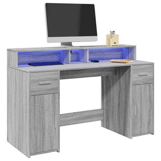 Grey Sonoma Desk 140x55x91 cm with LED Lights, Engineered Wood