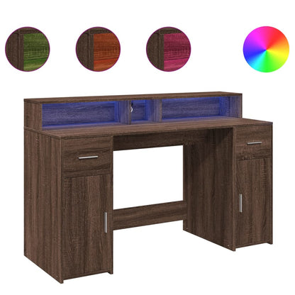 Brown Oak Desk with LED Lights - 140x55x91 cm Engineered Wood