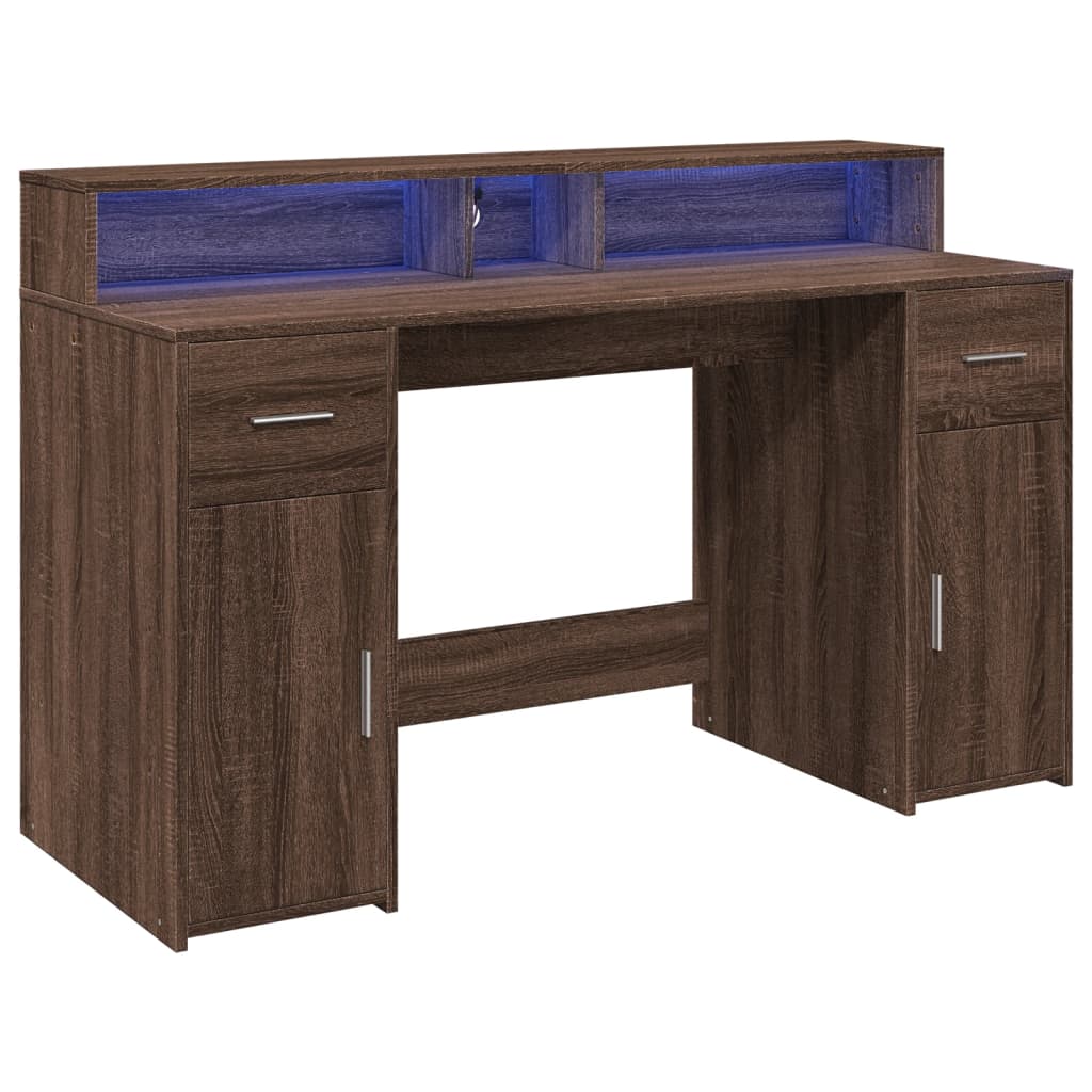 Brown Oak Desk with LED Lights - 140x55x91 cm Engineered Wood