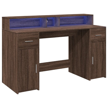 Brown Oak Desk with LED Lights - 140x55x91 cm Engineered Wood
